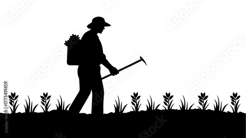 Silhouette of farmer planting crops, embodying rural life and agriculture, showing labor in fields, perfect for farming themes and agricultural projects
