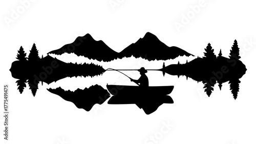 Serene silhouette of a fisherman casting a line on a tranquil lake surrounded by mountains and trees, perfect for outdoor adventure and nature themes