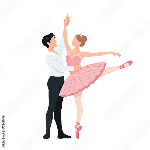 Elegant ballet dancers gracefully performing a romantic dance together on stage, illustrating the art of motion and performance