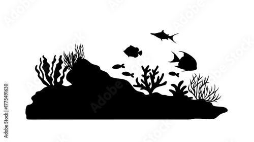 Dive into the Depths with this Stunning Silhouette of a Coral Reef Ecosystem and Tropical Fish, Ideal for Ocean Conservation Projects or Marine Biology Designs