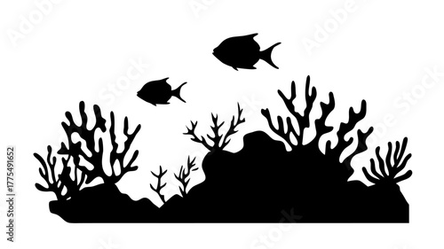 Explore the Deep Sea with this Stunning Coral Reef and Fish Silhouette, Ideal for Coastal Decor, Marine Biology Education, and Underwater Adventure Themes