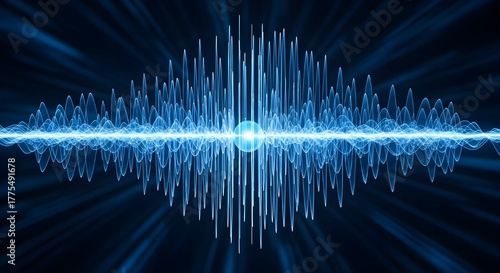 Abstract blue sound wave visualization with a central glowing orb