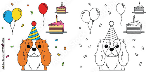 Cute Cavalier King Charles Spaniel in Party Hat with Birthday Cake, Balloons, and Confetti - Colorful and Outline Versions
