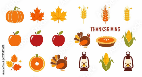 A collection of colorful flat design icons for the Thanksgiving holiday celebration, featuring a pumpkin, turkey, pie, and autumn leaves