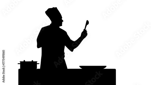 Dynamic silhouette of chef tasting food, perfect for culinary blogs, restaurant promotions, or food industry designs, originally a scalable vector graphic