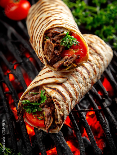 Two burritos are on a grill, one of which has a tomato on top. The other burrito is not visible