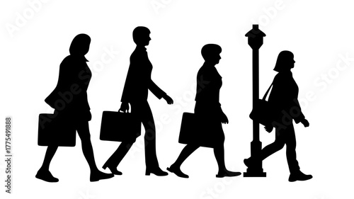 Dynamic professional women walking to work with briefcases, stylish silhouettes convey success, teamwork, and modern business lifestyle, originally a vector graphic