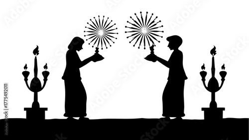 Elegant silhouette illustration of traditional dancers with lamps, perfect for cultural events and festive celebrations, a timeless design evoking heritage