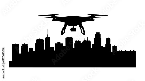 Modern drone soars above a bold city skyline, capturing aerial views of urban innovation for future technology and development projects now
