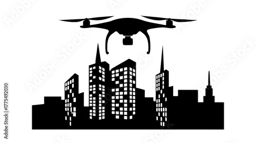 Modern cityscape with a drone flying above the buildings, perfect for real estate, technology, or urban planning projects, originally a scalable vector graphic