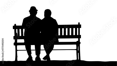 Silhouette of elderly couple enjoying quiet time together on park bench, evoking love, companionship, and enduring relationships in simple, powerful design