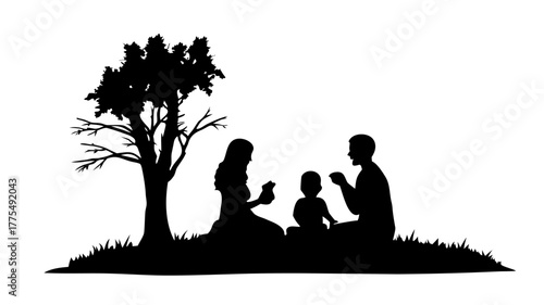 Silhouette of family reading under a tree, perfect for illustrating family values, literacy, or outdoor activities, and a sense of togetherness and learning.