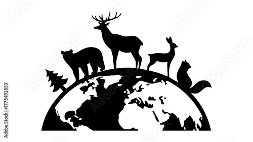 Dynamic wildlife silhouette design for conservation projects and eco-friendly businesses, a modern world concept with deer, bear, fox, and tree