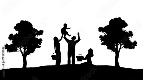 Family picnic silhouette bringing joy to a summer day, creating timeless memories under the trees, a perfect family moment showing love and togetherness