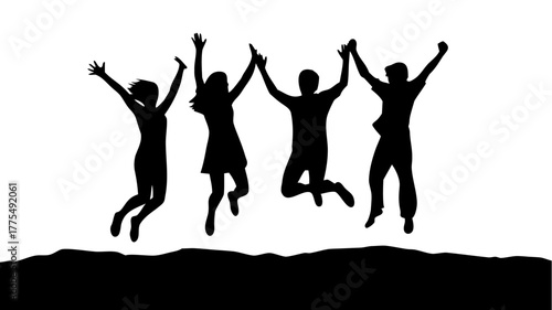 Silhouette of four friends jumping for joy, celebrating success and happiness together, perfect for conveying teamwork, freedom, and youthful energy, vector graphics