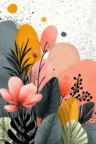 Colorful painting of flowers and leaves with a pink flower in the center. The painting has a bright and cheerful mood, with the flowers and leaves creating a sense of growth and vitality