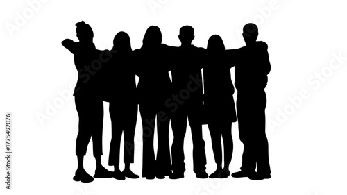 Silhouette of supportive friends embracing togetherness, perfect for teamwork, friendship, and unity campaigns with a modern, minimalist aesthetic