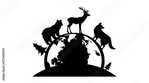 Striking world silhouette featuring a bear, deer, and wolf, perfect for environmental themes and global awareness campaigns that need a powerful visual