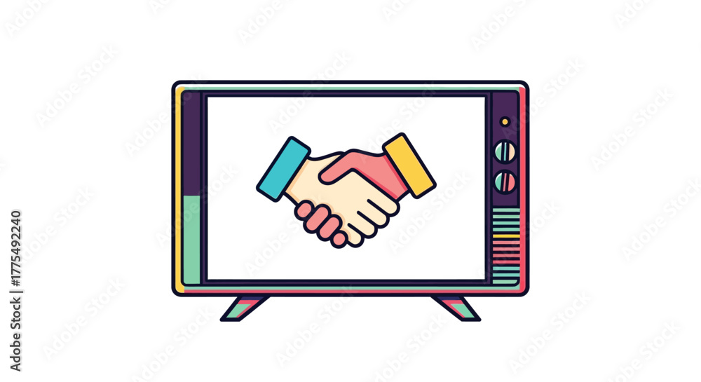 Obraz premium Colorful illustration of two hands shaking on a television screen with a white background and multicolored accents.
