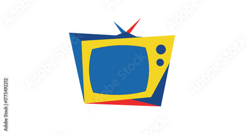 A colorful, flat illustration of a vintage television set with a yellow and blue body, red and blue antennae on top, against a clean white background.