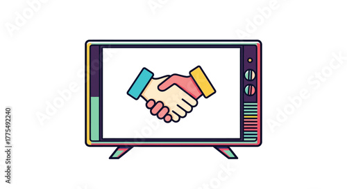 Colorful illustration of two hands shaking on a television screen with a white background and multicolored accents.