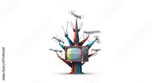Illustration of a television with multiple antennae and limbs protruding from it, set against a white background with a mix of red, blue, and black colors.