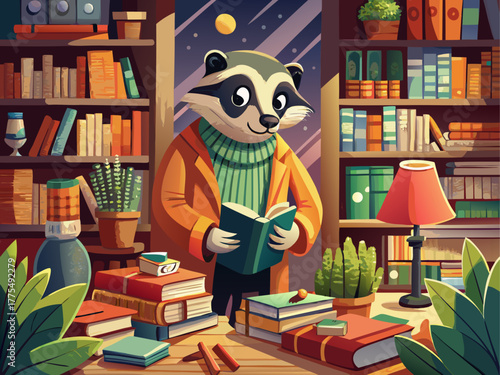 A wise badger wearing round glasses and a cardigan sorts books in a cozy library, surrounded by warm light and calm atmosphere, detailed vector art