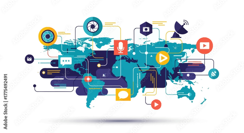Obraz premium Flat lay of a colorful world map with various social media icons and symbols on a white background with a modern and connected feel.