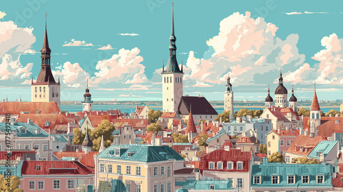 illustration, Cityscape of Tallinn, capital city of estonia, attractive touristic advertisement poster, beautiful touristic must-see destination. Beautiful tourist destination, in central europe.