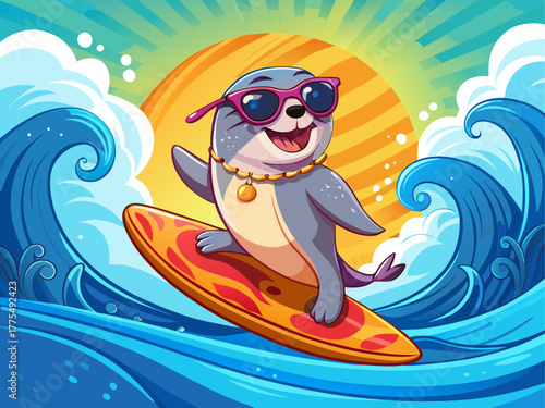 A cheerful seal wearing sunglasses rides a colorful surfboard on bright ocean waves, splashing water joyfully, radiating summer fun and freedom, detailed vector illustration