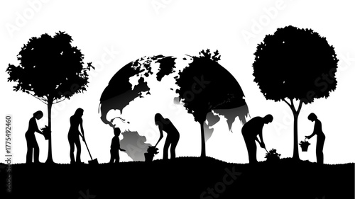 Silhouette of community planting trees for Earth Day, nurturing the planet, and fostering environmental care for a sustainable future together