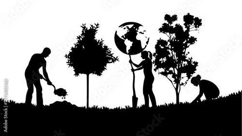 Passionate environmentalists planting trees and nurturing the earth for a sustainable future, promoting green initiatives and ecological balance, vector art
