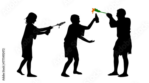 Joyful celebration with water guns and colored powder, festive gathering with friends, splashing water fun, holiday excitement, happy moments, childhood celebration