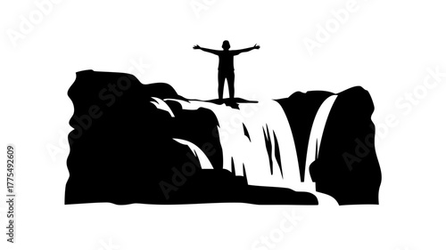 Triumphant figure standing atop a majestic waterfall, arms outstretched in celebration of adventure, freedom, and the beauty of nature's power