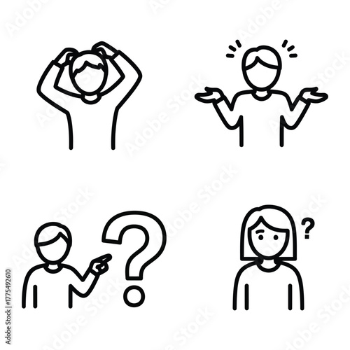 Four Simple Line Art Icons Representing Confusion and Questioning confused hands in hair