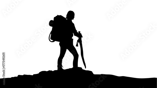 Inspiring silhouette of a hiker with backpack conquering mountain peak, perfect for adventure, resilience, and outdoor lifestyle concepts created from vector art