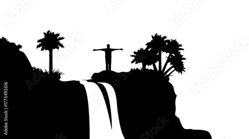 Breathtaking waterfall silhouette with peaceful figure and palm trees, evoking a sense of freedom and escape in a tropical paradise, originally a scalable graphic