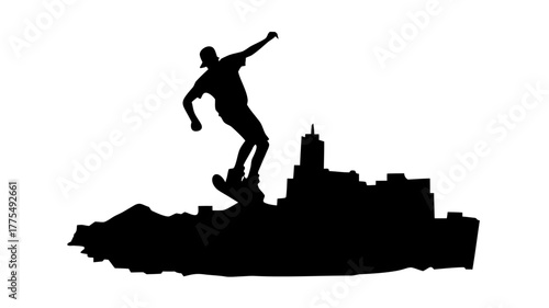 Dynamic skateboarder silhouette soaring above city skyline, showcasing urban freedom and vibrant street culture, perfect for youth-focused brands and designs