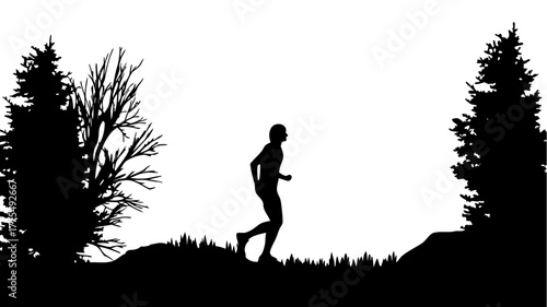 Silhouette of runner training outdoors, embodying health and fitness in a natural landscape. Represents dedication, endurance, and wellness in vector art
