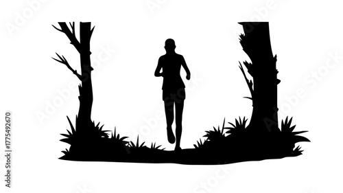 Invigorating trail run silhouette through peaceful woods, perfect for fitness campaigns and outdoor adventure promotions, promoting healthy lifestyles