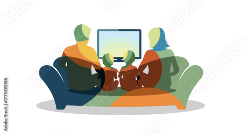 Two people sitting on a couch watching a computer screen with a colorful and modern aesthetic in a relaxed setting.