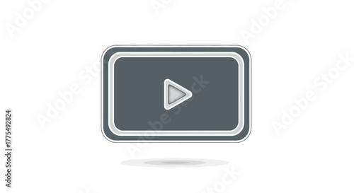 Gray play button icon with white triangle on a white background, with a subtle shadow effect.