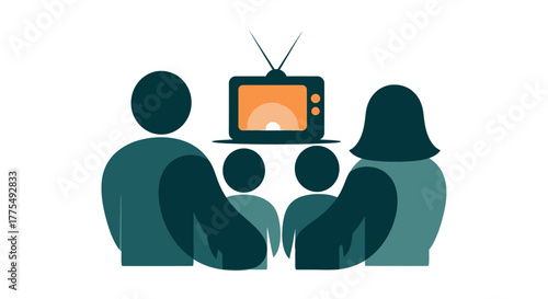 A family of three sitting together watching a television with an orange screen on a white background in a simple graphic style.