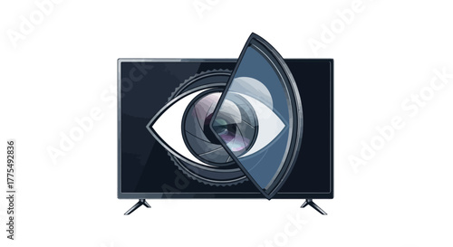Flat lay of a television with an eye graphic on the screen, partially covered by a lens, against a white background with a cinematic feel.