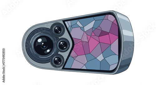 Close-up view of a smartphone camera with a colorful mosaic-style phone case on a plain white background.