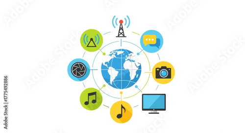Flat lay of a vibrant infographic featuring a blue globe surrounded by colorful icons representing various digital and media concepts on a clean white background.