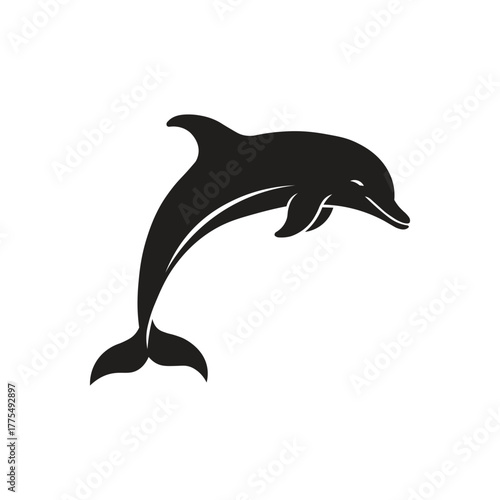 Black and white dolphin logo design, minimalist marine animal silhouette for branding, tattoo, or icon. Vector illustration on white background