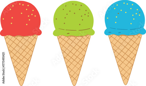 Colorful ice cream cones with red, green, blue scoops, waffle texture, yellow sprinkles, summer dessert, 
