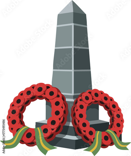 War memorial obelisk with two red poppy wreaths for remembrance.