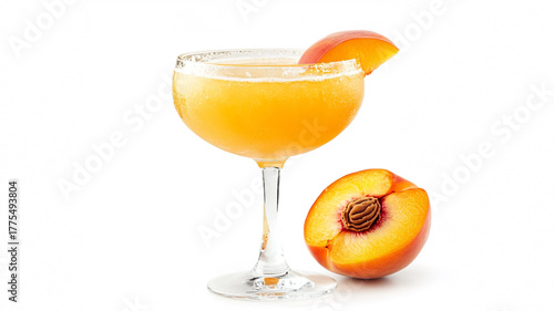 Vibrant peach bellini in a coupe glass, garnished with fresh fruit, isolated on a clean white background.